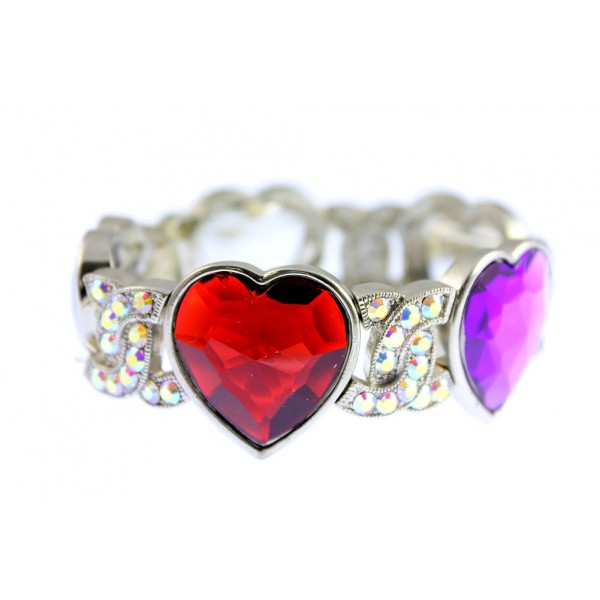 Rhodium Faceted Glass Heart Shape Charm w/Rhinestoned Half Circle Link - Multi Color- BR-B8544LRDDM