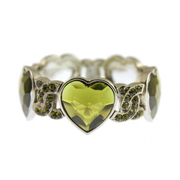 Rhodium Faceted Glass Heart Shape Charm w/Rhinestoned Half Circle Link - Olive Green - BR-B8544LRDOV