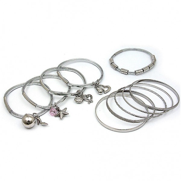 Charm Bracelets + Metal Bangles Set - BR-HB007B-SIL