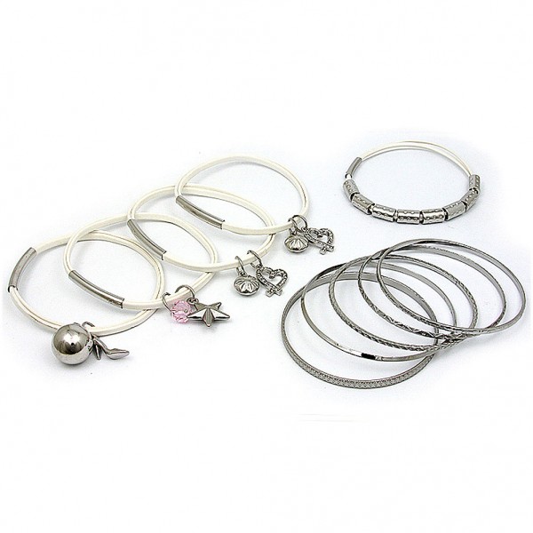 Charm Bracelets + Metal Bangles Set - BR-HB007B-WH