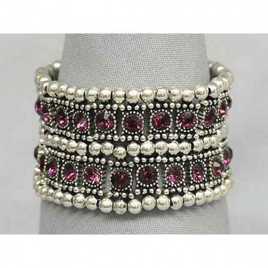 Stretchable Rhinestone Bracelets - Double-Row w/ Bali Beads - Purple - BR-KH11255PL