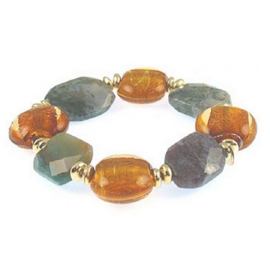 Murano Glass + Semi Stones Stretchable Bracelet - Gold - BR-MB7023GGB
