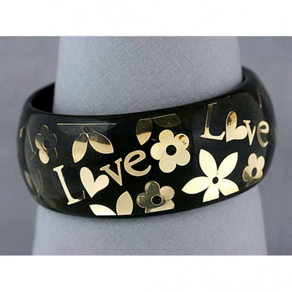 Acrylic Bangle w/ Loves & Flowers Bracelets - Black Color - BR-OB00182BLK