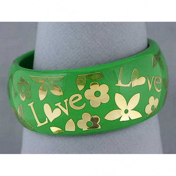 Acrylic Bangle w/ Loves & Flowers Bracelets - Green Color - BR-OB00182GRN