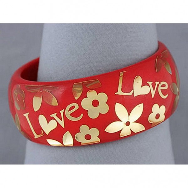 Acrylic Bangle w/ Loves & Flowers Bracelets - Red Color - BR-OB00182RED
