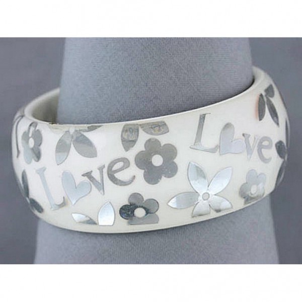 Acrylic Bangle w/ Loves & Flowers Bracelets - White Color - BR-OB00182WHT