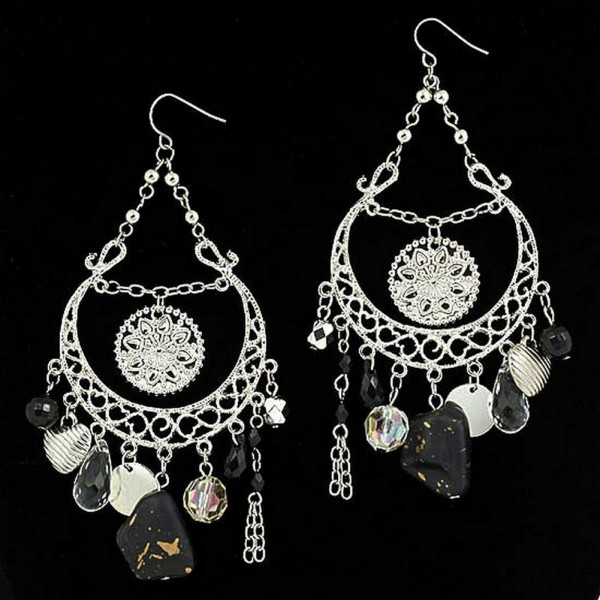 Chandlier Earrings w/ Dangling Stones - Black - ER-ACQE1022B