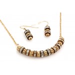 Necklace & Earrings Set: Brass Tone Carving Balls + Crystal Rings - NE-PNE1473BRW