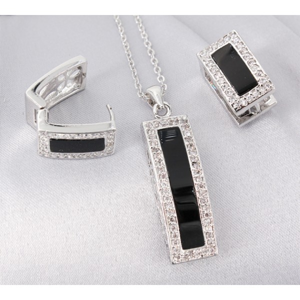 Gift set: Swarovski Cubic Zirconia w/ Onyx Necklace & Earring Set - NE-JP10993B