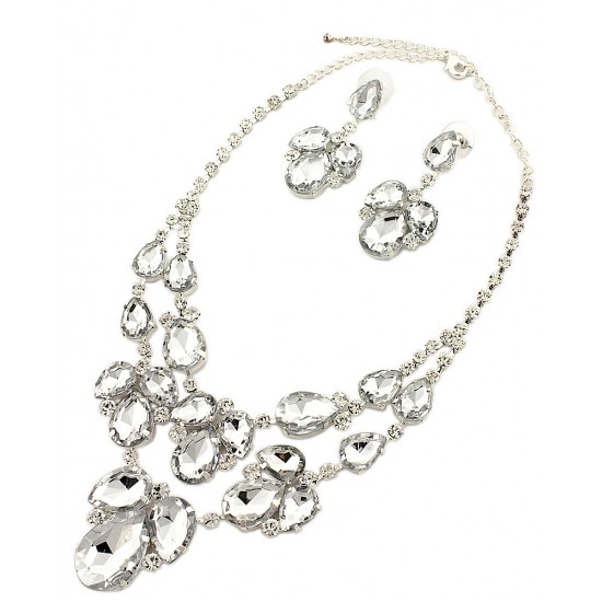 Rhinestone/ Glass Stone Bib Design Necklace + Earring Set - NE-12246