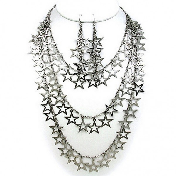 Multi Chain Straps Necklace & Earrings Set w/ Dangling Open Stars - Silver - NE-12262