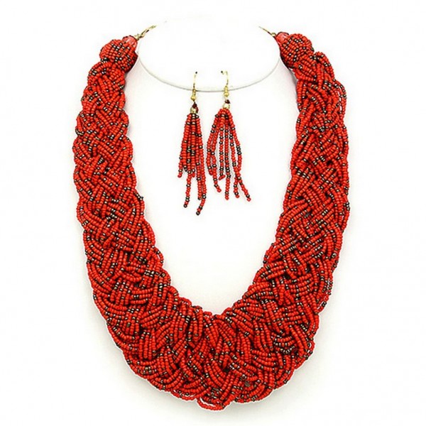 Multi Strand Beaded Woven Necklace & Earrings Set - Coral - NE-12269CO