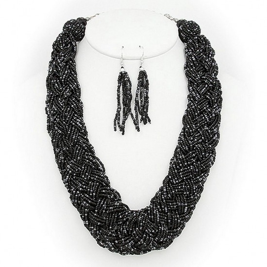 Multi Strand Beaded Woven Necklace & Earrings Set - Black - NE-12269JT