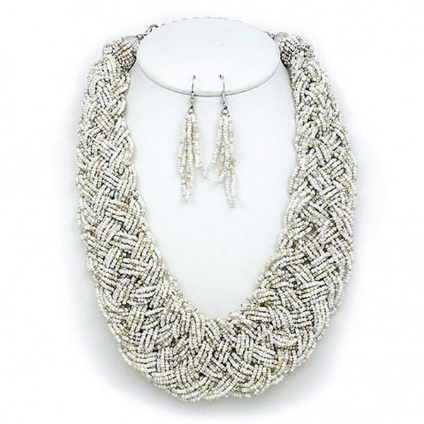 Multi Strand Beaded Woven Necklace & Earrings Set - White - NE-12269WH