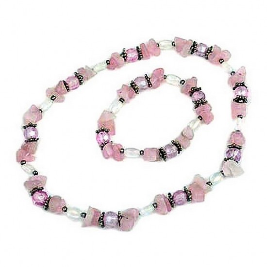 Precious Stone Necklace & Bracelet Set - Pink - NE-629PK