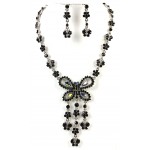 Rhinestone Butterfly Charm Necklace and Earring Set - Black Stones - NE-828BK