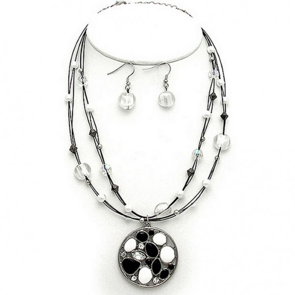 Stone Paved Geometry Charm Necklace & Earrings Set w/ Multi Beaded Strap - Black / White - NE-ACQS1128A