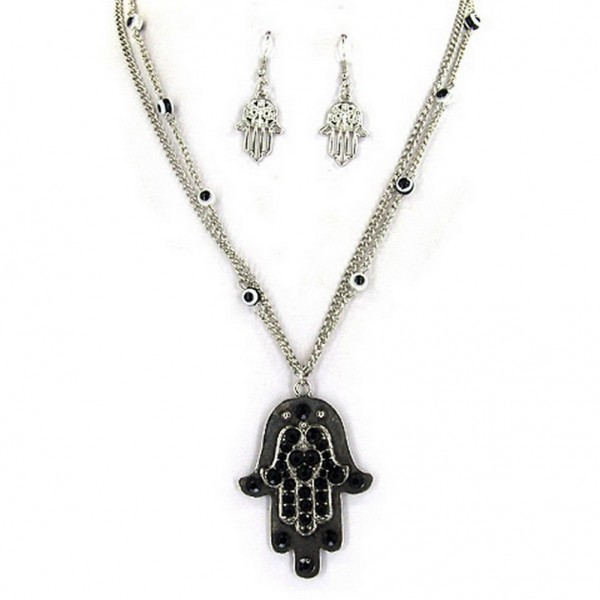 Hamsa Evil Eye Charm Necklace & Earrings Sets - NE-AS3583RHJ