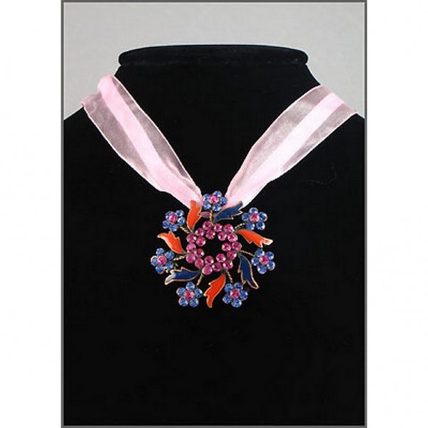 Rhinestone Floral Charm w/ Ribbon Necklace - Pink - NE-EK180PK