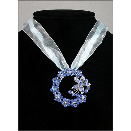 Rhinestone Floral Charm w/ Ribbon Necklace - Blue -NE-EK192BL