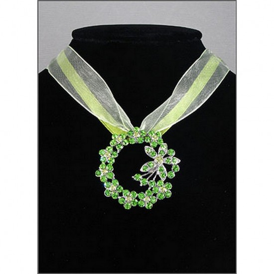 Rhinestone Floral Charm w/ Ribbon Necklace - Green -NE-EK192GN