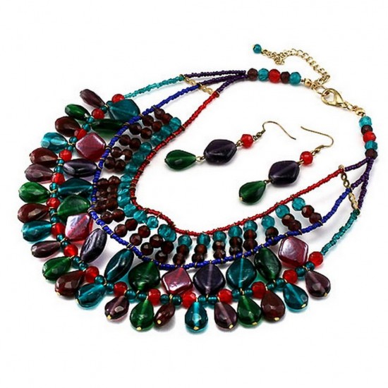 Glass Bead Drape Necklace & Earrings Set - Multi Colors - NE-INE3516MUL