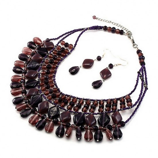 Glass Bead Drape Necklace & Earrings Set - Purple Colors - NE-INE3516PURP