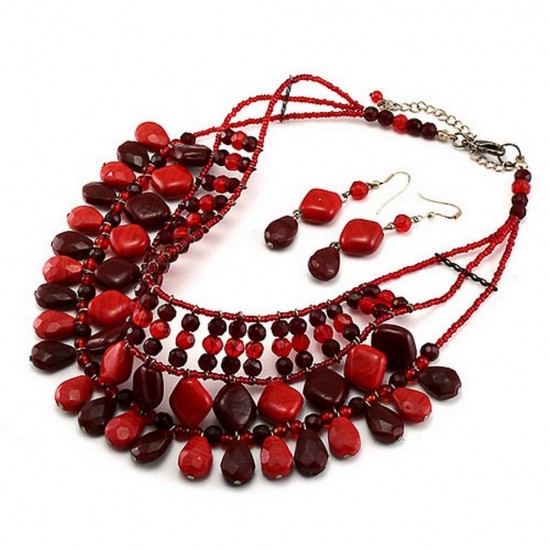 Glass Bead Drape Necklace & Earrings Set - Rust - NE-INE3516RUST