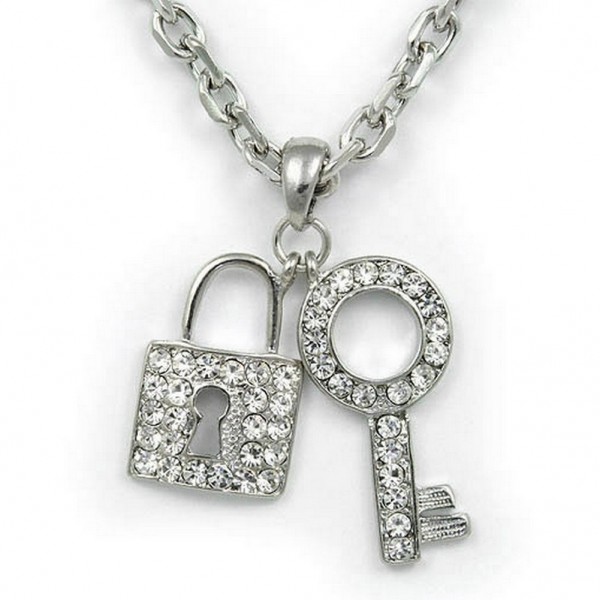 Rhinestone Lock & Key Charm Necklaces - Clear - NE-JN1789CL