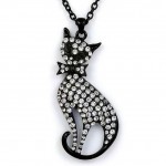 Rhinestone Kitty w/ Bow Charms Necklaces - Black - NE-JN4422BK
