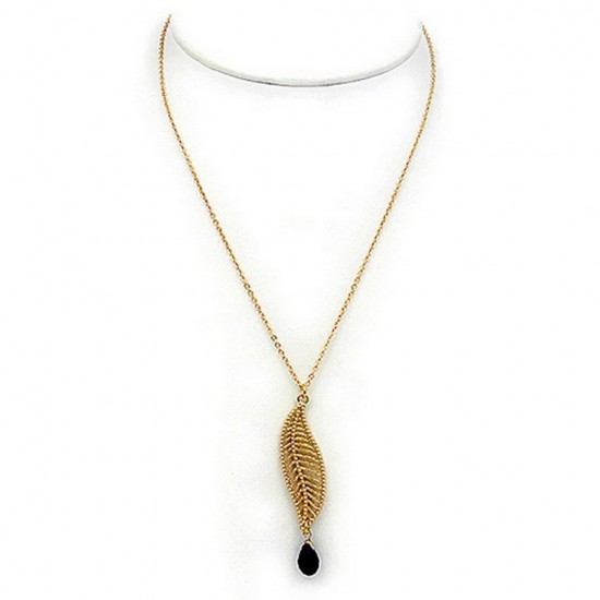 Necklace: Filigree Leafe Motif w/ Tear Drop Genuine Stone – 16” - NE-JN691JET