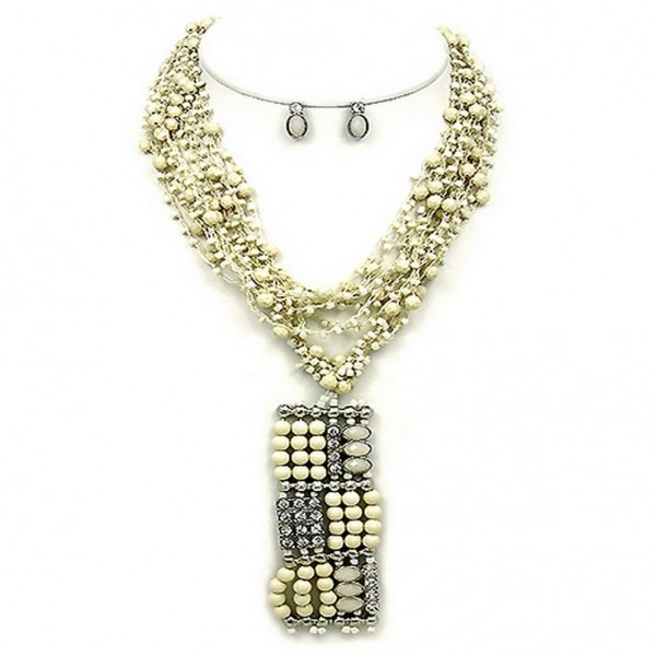 Beaded Multi Strand Necklace & Earrings Set w/ Beaded & Rhinestone Square Pendant - Off White - NE-MCN269WH