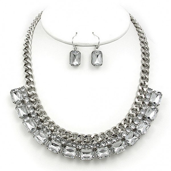Metal Chain Strand w/ 2-Row Rhinestone Layer Necklace & Earrings Set - Hematite - NE-MS1116RH