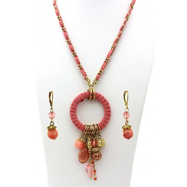 Faux Suede O-Ring W/ Dangle Beads Necklace & Earrings Set - Coral - NE-MS3464GCR