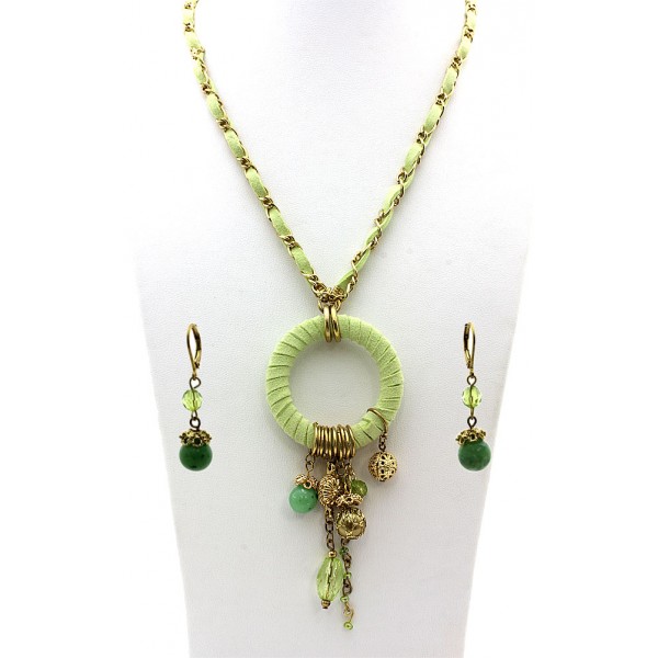 Faux Suede O-Ring W/ Dangle Beads Necklace & Earrings Set - Lime - NE-MS3464GE