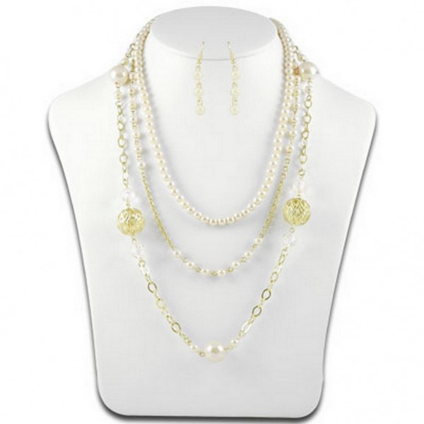 Multi Chain Pearl w/ Big Carved Metal Beads NE+ER Set - Natural - NE-N1388NT