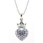 Necklace - Rhinestone Heart w/Crown - Rhodium Plating - Blue - NE-N6628BL