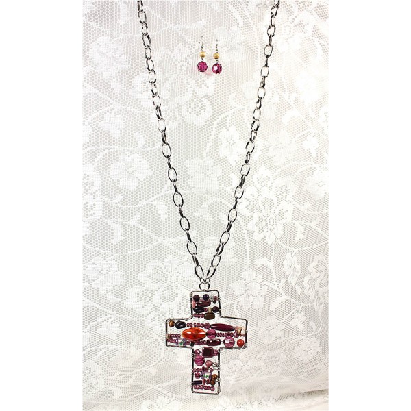 Beaded Cross Necklace & Earring Set - Amethyst - NE-OS00020SVAMY