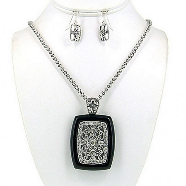 Filigree Square Charm Necklace & Earrings Set w/ Clear Rhinestones - NE-OS01640ASJET