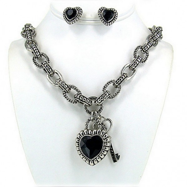 JHD Group - Casting Rhinestone Necklace & Earrings Set w/ Paved Heart Charm - NE-OS01725RDJET 