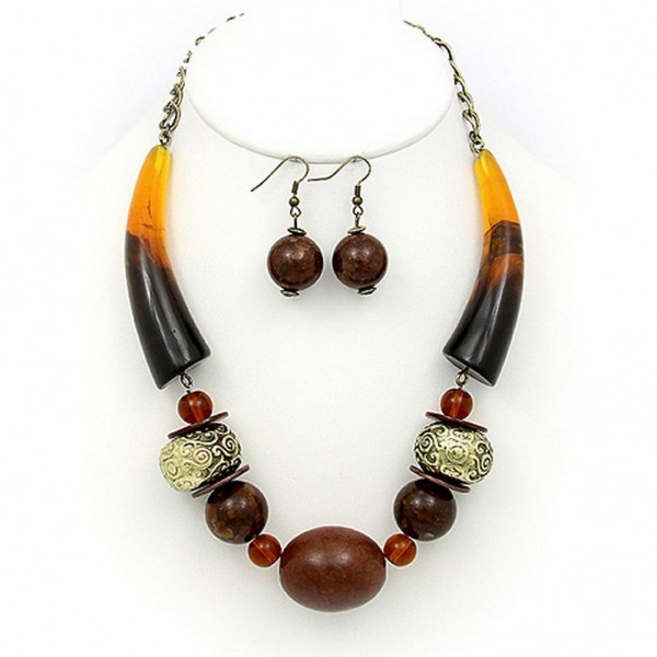 Necklace & Earrings Set: Turquoise Stones w/ Faux Amber Horn Shape Charms - NE-PNE1473BRW