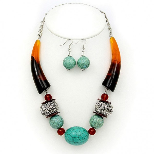Necklace & Earrings Set: Turquoise Stones w/ Faux Amber Horn Shape Charms - NE-PNE1473TL-BRW