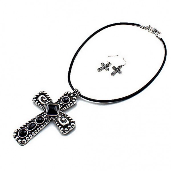 Cross Charm Necklace & Earrings Set - Casting Cross Charm w/ Black  - NE-QNE7520BK