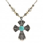 Cross Charm Necklace & Earrings Set - Casting Cross Charm w/ Turquoise Stones - NE-QNE7593SBTQ
