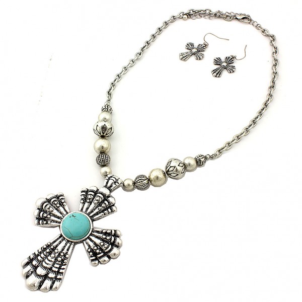 Cross Charm Necklace & Earrings Set - Casting Cross Charm w/ Turquoise Stones - NE-QNE7593SBTQ