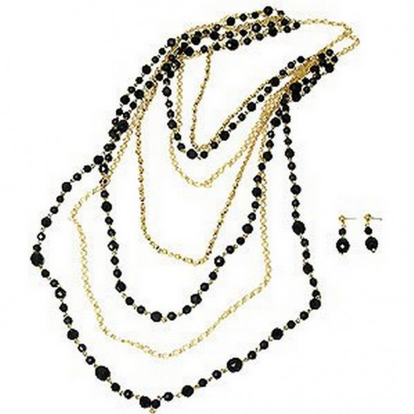 Multi Gold Chain W/Onxy Beaded Necklace + Earrings Set - NE-SMS3001B