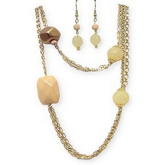 Long-strand Faux Stone Beads Necklace & Earring Set - NE-SMS3004A