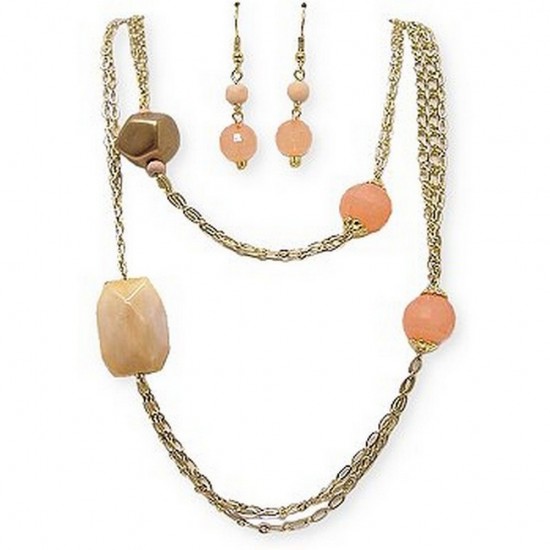 Long-strand Faux Stone Beads Necklace & Earring Set - NE-SMS3004H