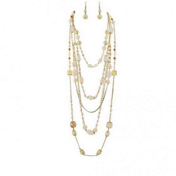 Multi Gold Chain Faux Stone Necklace + Earrings Set: Ivory Color - NE-SMS3006A