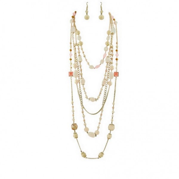 Multi Gold Chain Faux Stone Necklace + Earrings Set: Coral Color - NE-SMS3006H